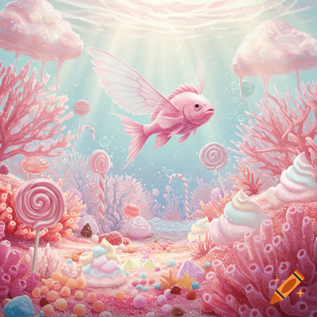 A pink winged fish swims in a whimsical underwater candy ocean with coral-like sweets and lollipops in pastel hues.