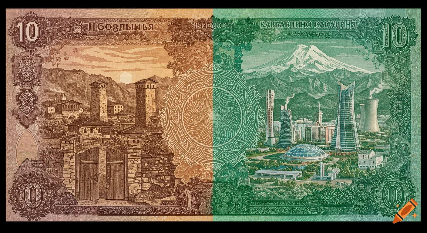 An ultra-detailed banknote depicting a seamless transition from an ancient mountain village on the left to a futuristic city on the right, in an engraving style.