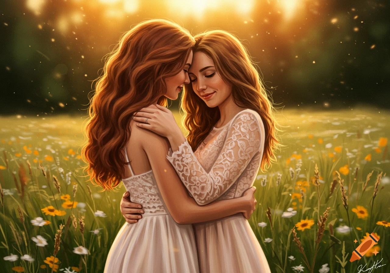 Two women with long hair embrace in a sunlit field of wildflowers, with ...