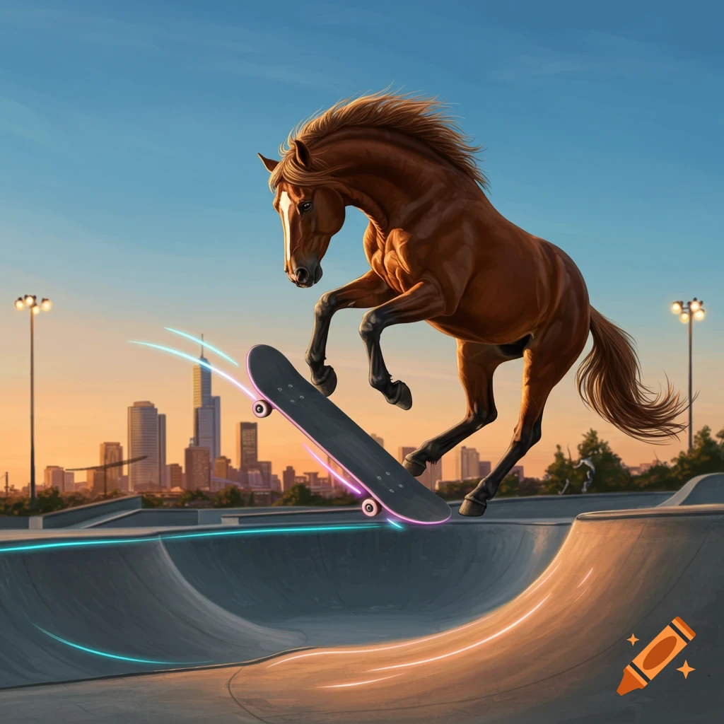A brown horse on a skateboard performs a kickflip in a city skatepark during sunset, digital art.