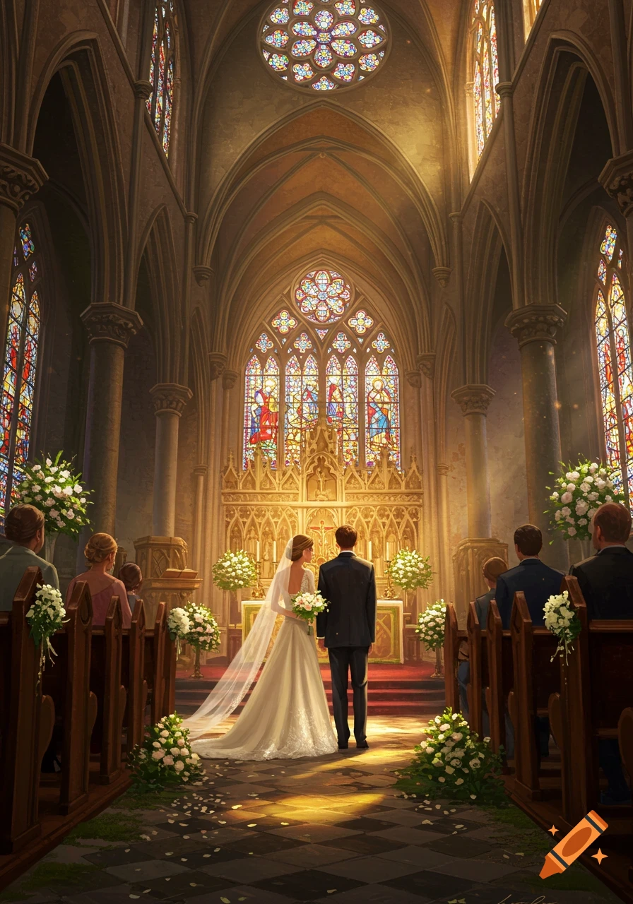 A bride and groom stand at the altar of a grand Gothic church, surrounded by guests and colorful stained-glass windows.