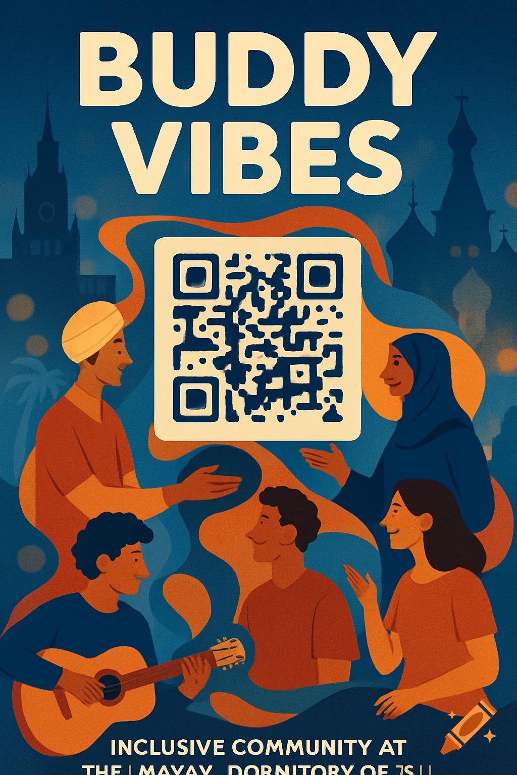 Stylized illustration of diverse students socializing and playing guitar, with 'Buddy Vibes' text and a QR code, against a city silhouette.