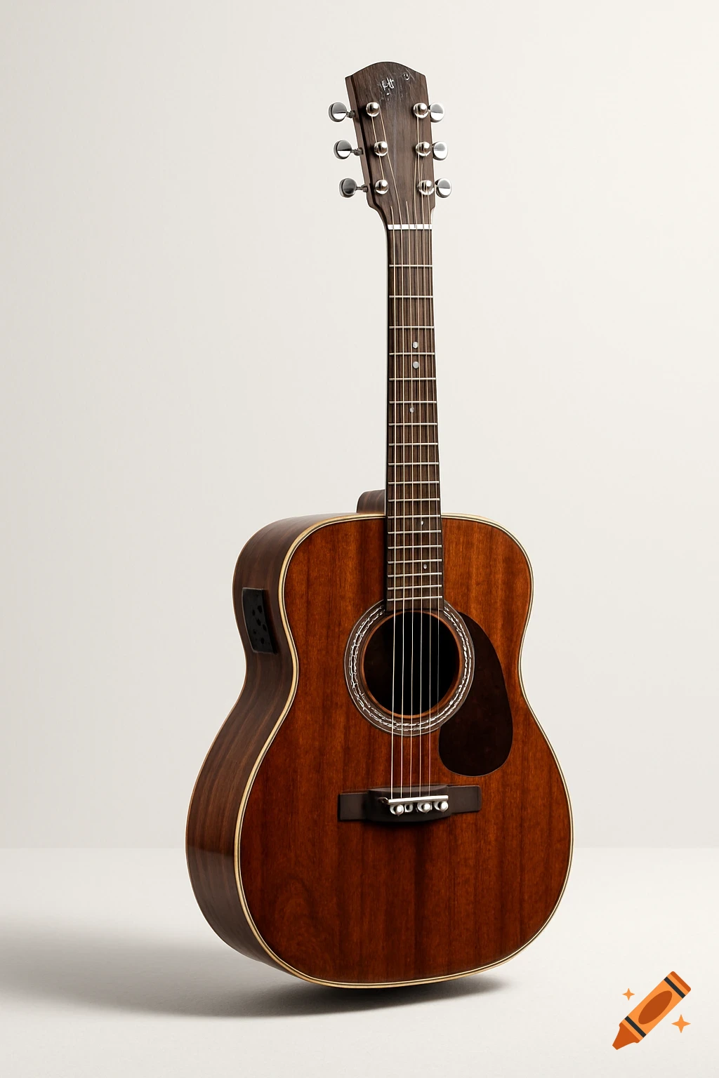 Photorealistic close-up of a rich brown acoustic-electric guitar with an electronics panel on a white background.
