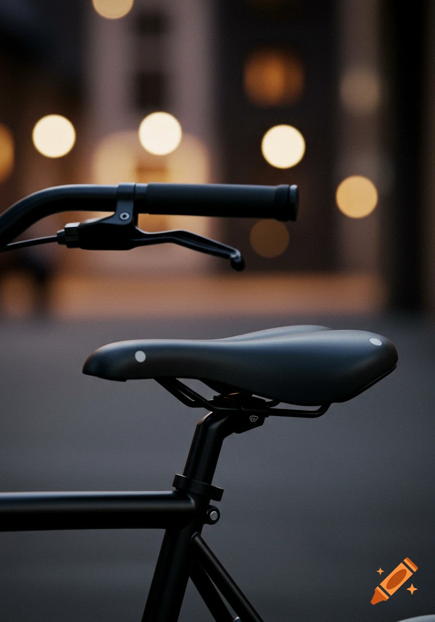 Close-up of a black bicycle seat and handlebars with a bokeh background of city lights.
