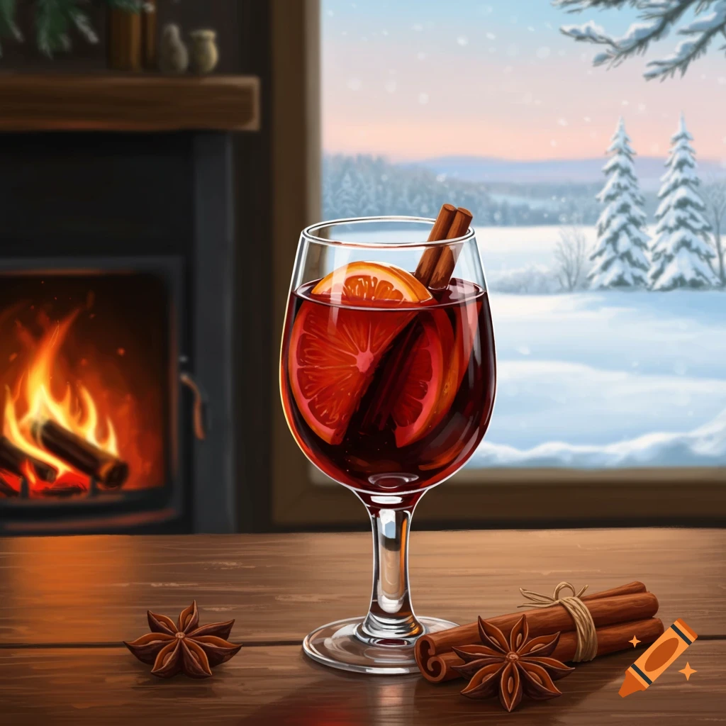 A glass of mulled wine with orange and cinnamon sticks on a wooden table, by a fireplace, with a snowy winter landscape outside.