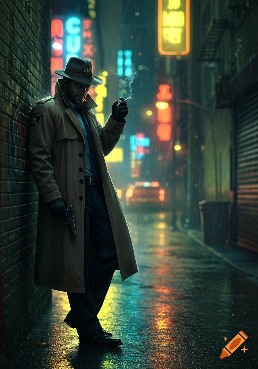 A man in a trench coat and fedora, smoking, holding a gun, leaning against a brick wall in a rainy, neon-lit city alley.