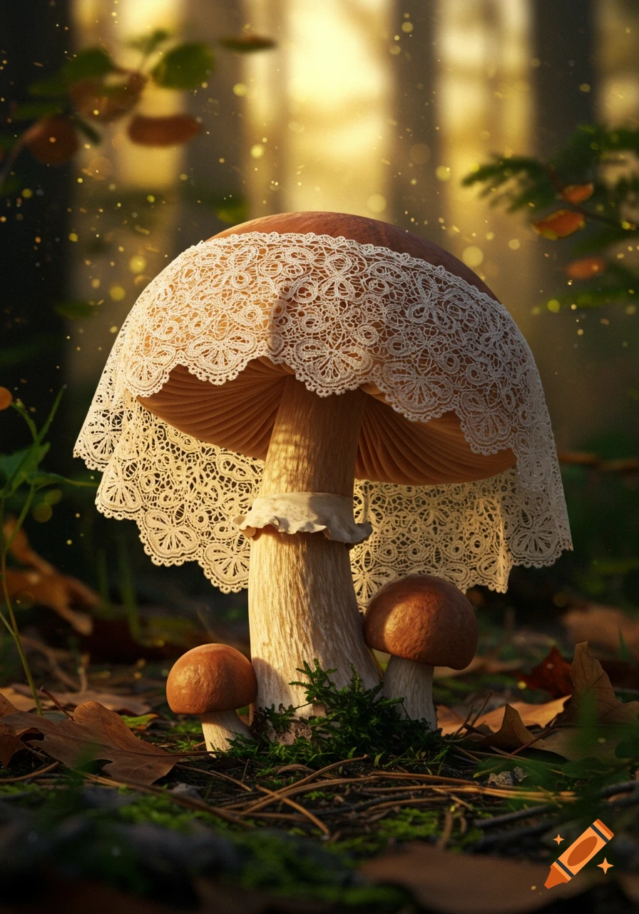 A large porcini mushroom with a white lace doily on its cap stands in a magical, sunlit forest.