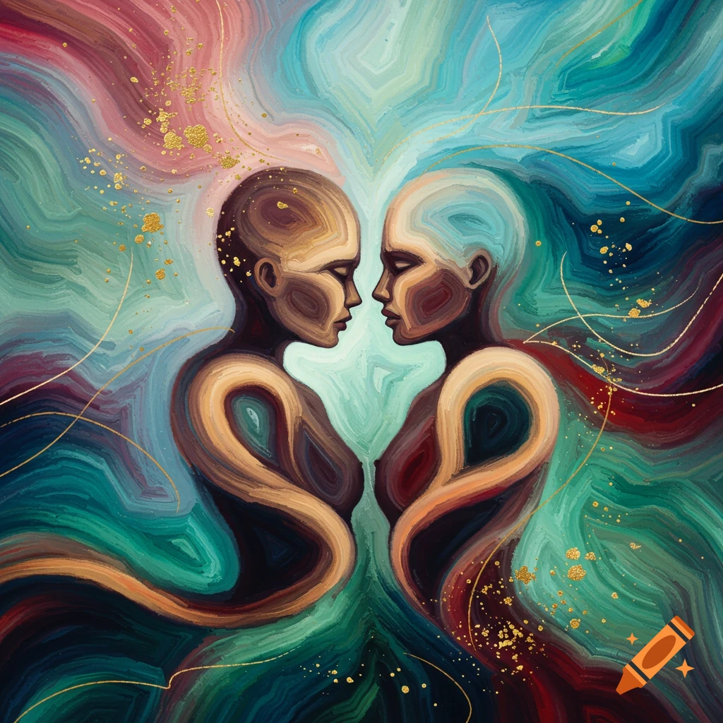 Abstract painting of two stylized figures with intertwined bodies facing each other, against a backdrop of swirling teal, red, and gold colors.