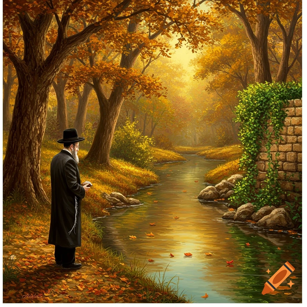 A man in a black hat and coat, with a white beard, stands by an autumn river in a golden forest, in a painterly style.