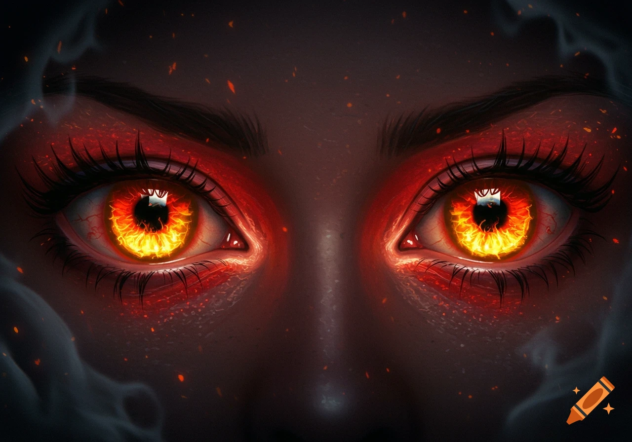 Close-up of intense, fiery eyes with glowing golden pupils, surrounded by dark smoky wisps and embers.