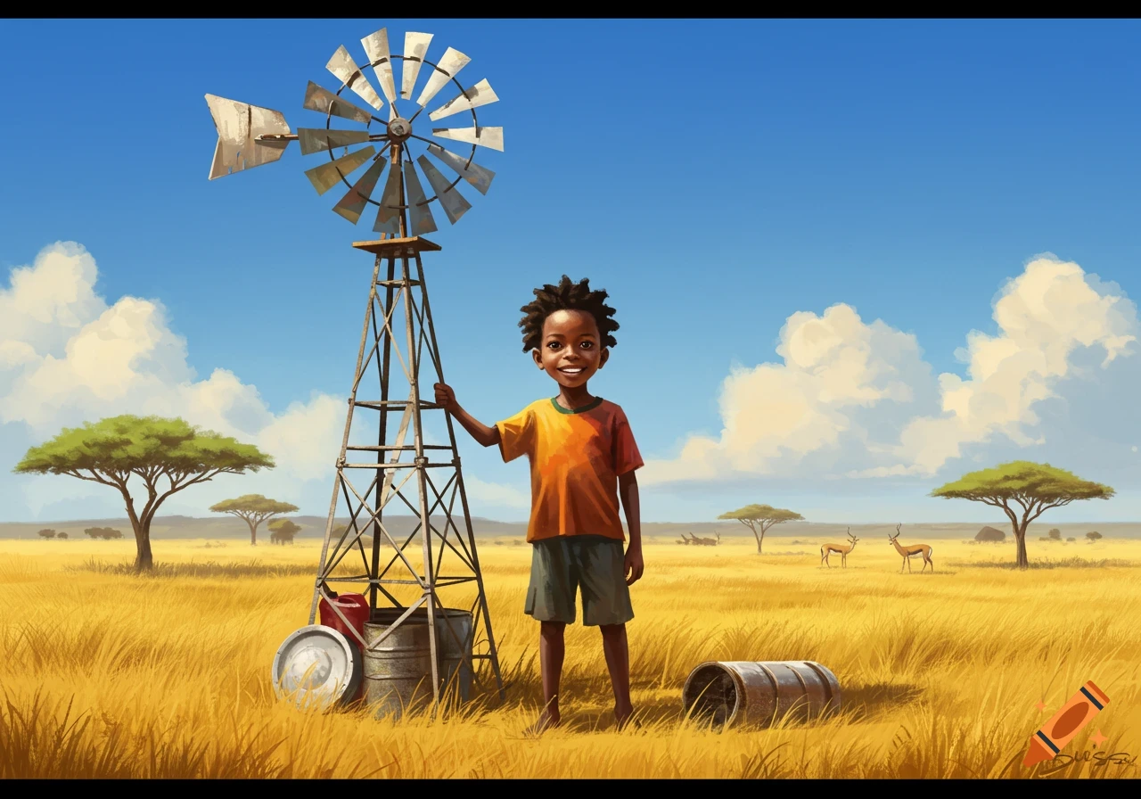 Illustrated African boy stands smiling next to a windmill in a golden savanna with acacia trees and antelopes under a blue sky.