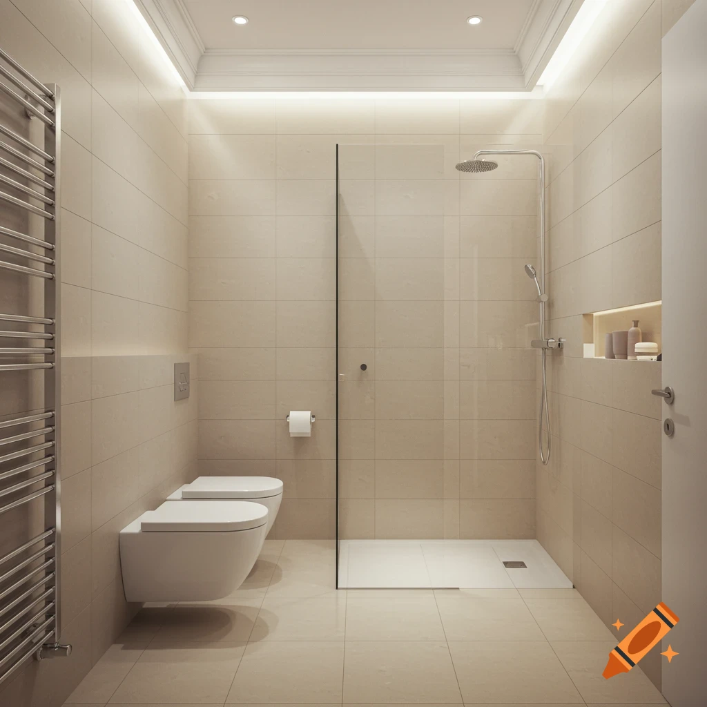 A modern, light-colored tiled bathroom with two wall-mounted toilets, a glass-enclosed shower, and a towel warmer.