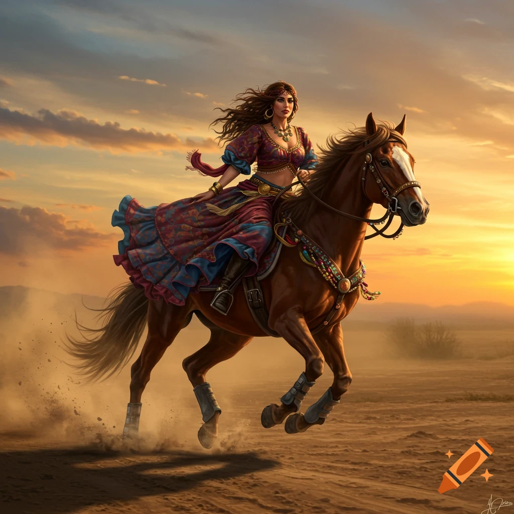 A vibrant illustration of a woman in gypsy attire riding a horse through a desert at sunset.