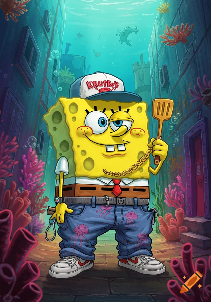 Spongebob in hip-hop attire, wearing saggy jeans, a cap, and a gold chain, holding a spatula and shovel in a vibrant underwater city.