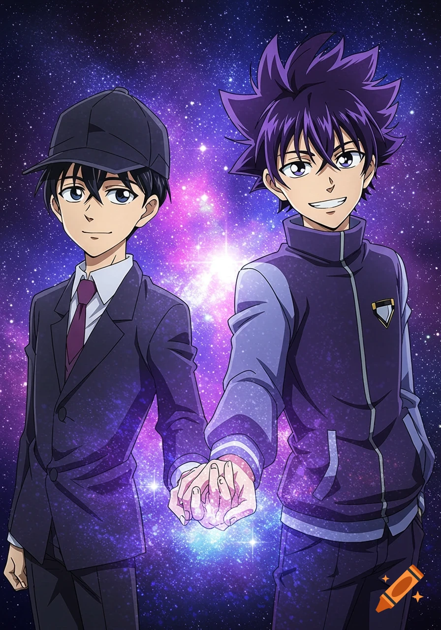 Two anime boys, one in a suit and one in a tracksuit, hold hands against a vibrant starfield galaxy background.