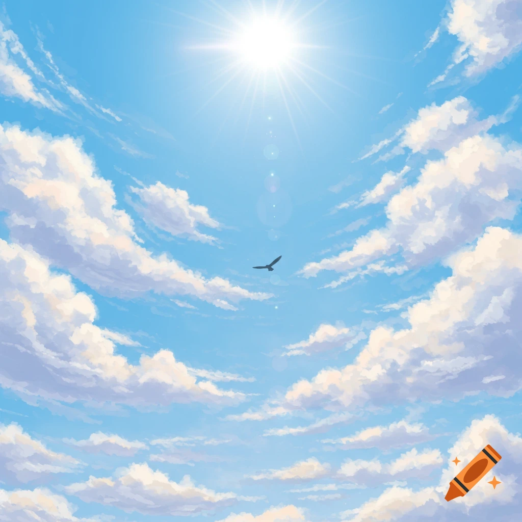 A bright sun shines in a clear blue sky filled with fluffy white clouds, with a single bird silhouetted in flight.