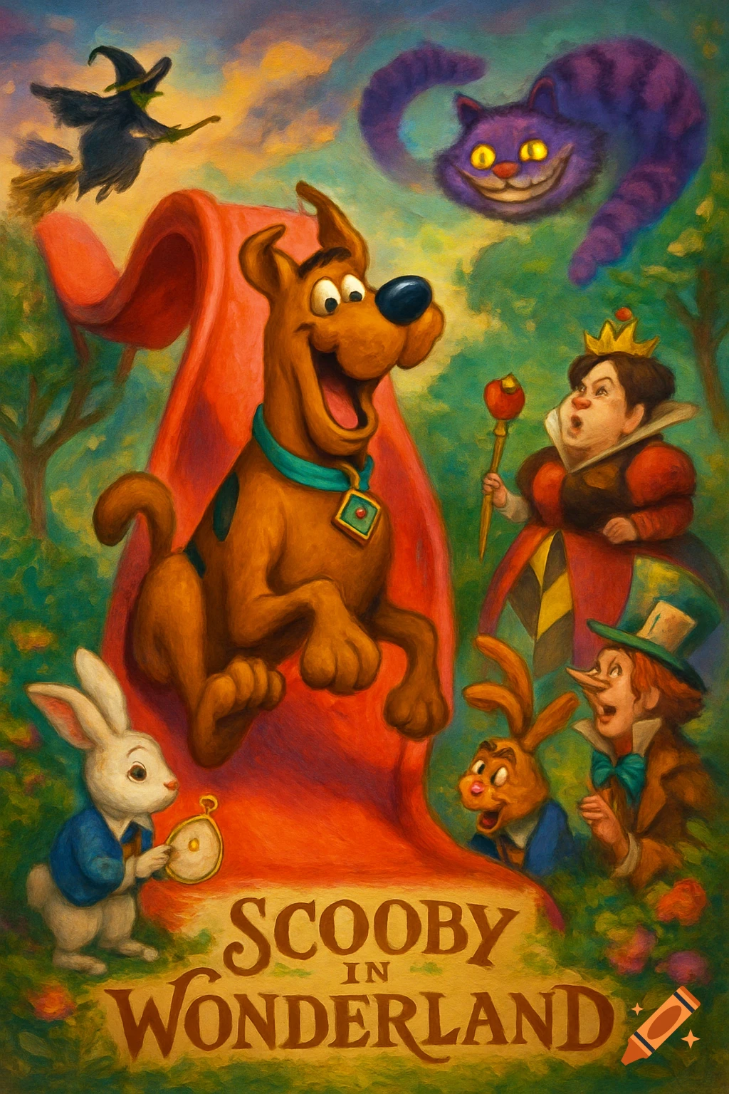 A painterly cartoon poster featuring Scooby Doo on a red slide with Alice in Wonderland characters and a witch, titled 'Scooby in Wonderland'.
