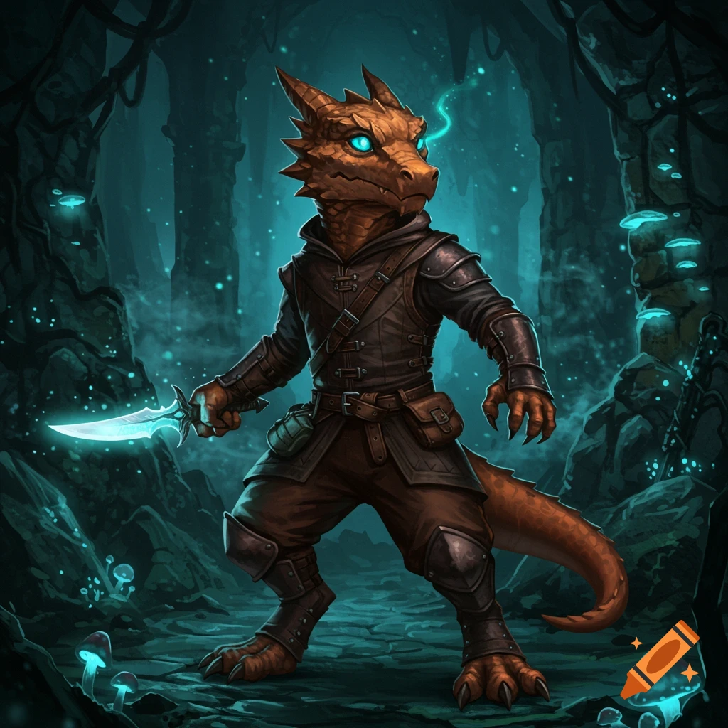 A fantasy illustration of a scaly kobold in leather armor, holding a glowing blue dagger, standing in a dark cave with bioluminescent mushrooms.