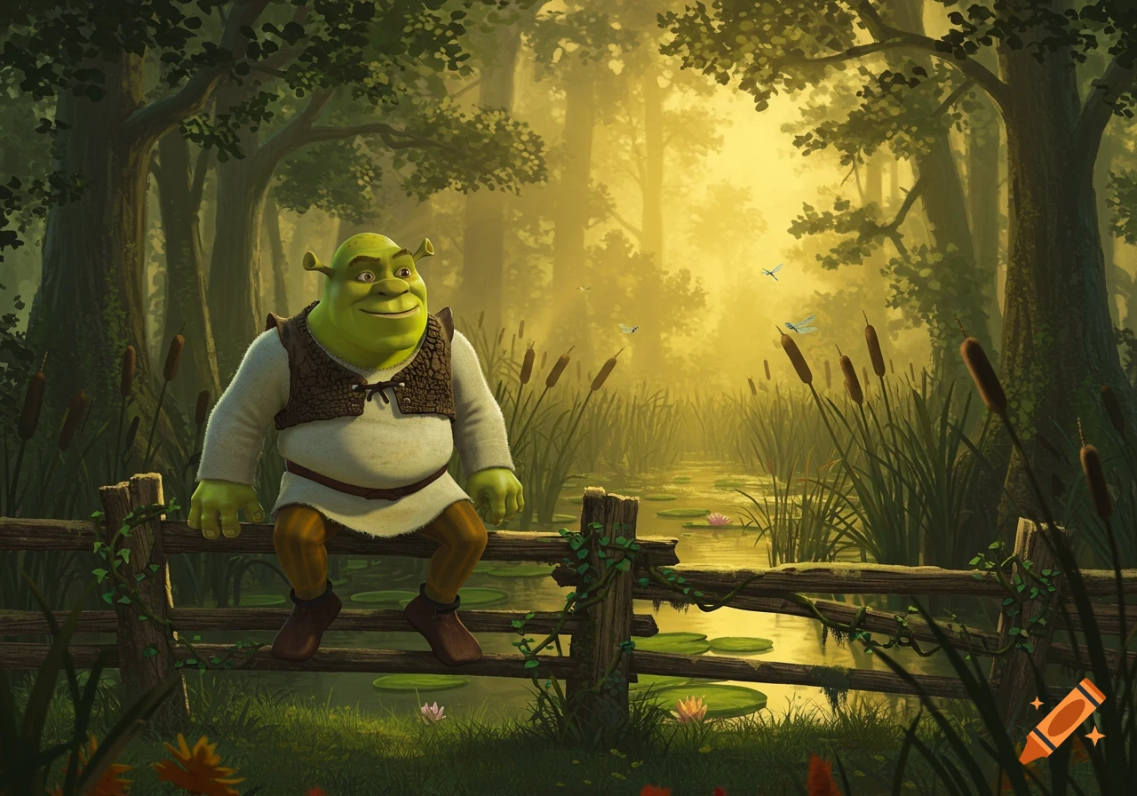 Shrek sits on a wooden fence in a lush, misty swamp with lily pads and tall reeds, surrounded by green trees.