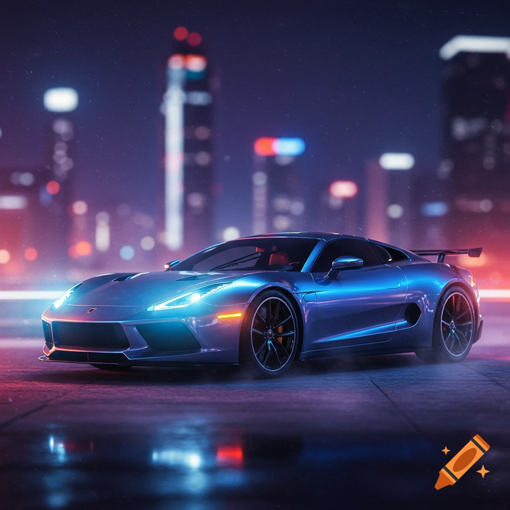 Sleek blue sports car on a wet city street at night, neon lights reflecting from buildings and car, cyberpunk aesthetic.