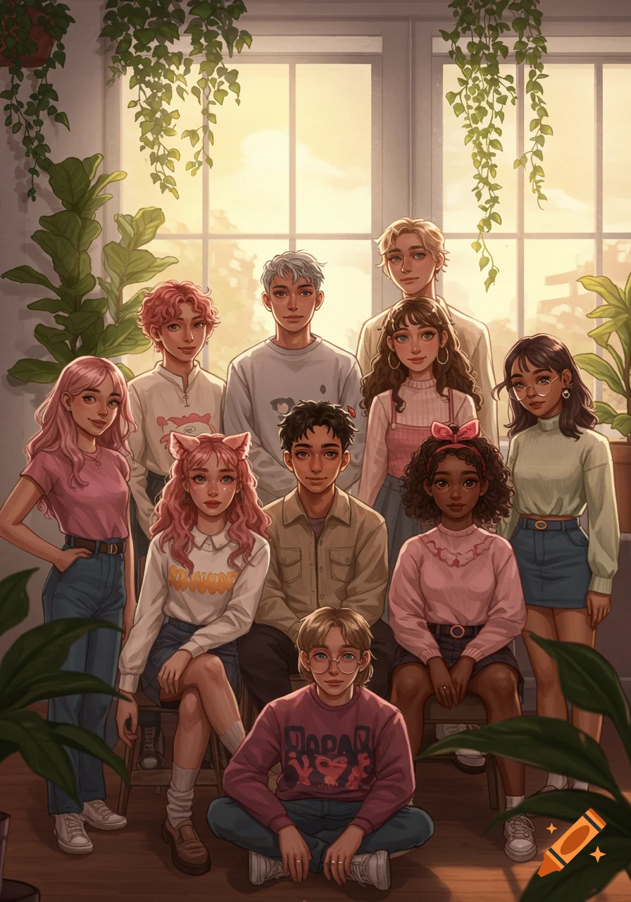 An anime-style illustration of a diverse group of nine young people posing indoors with lush green plants and a sunny window in the background.