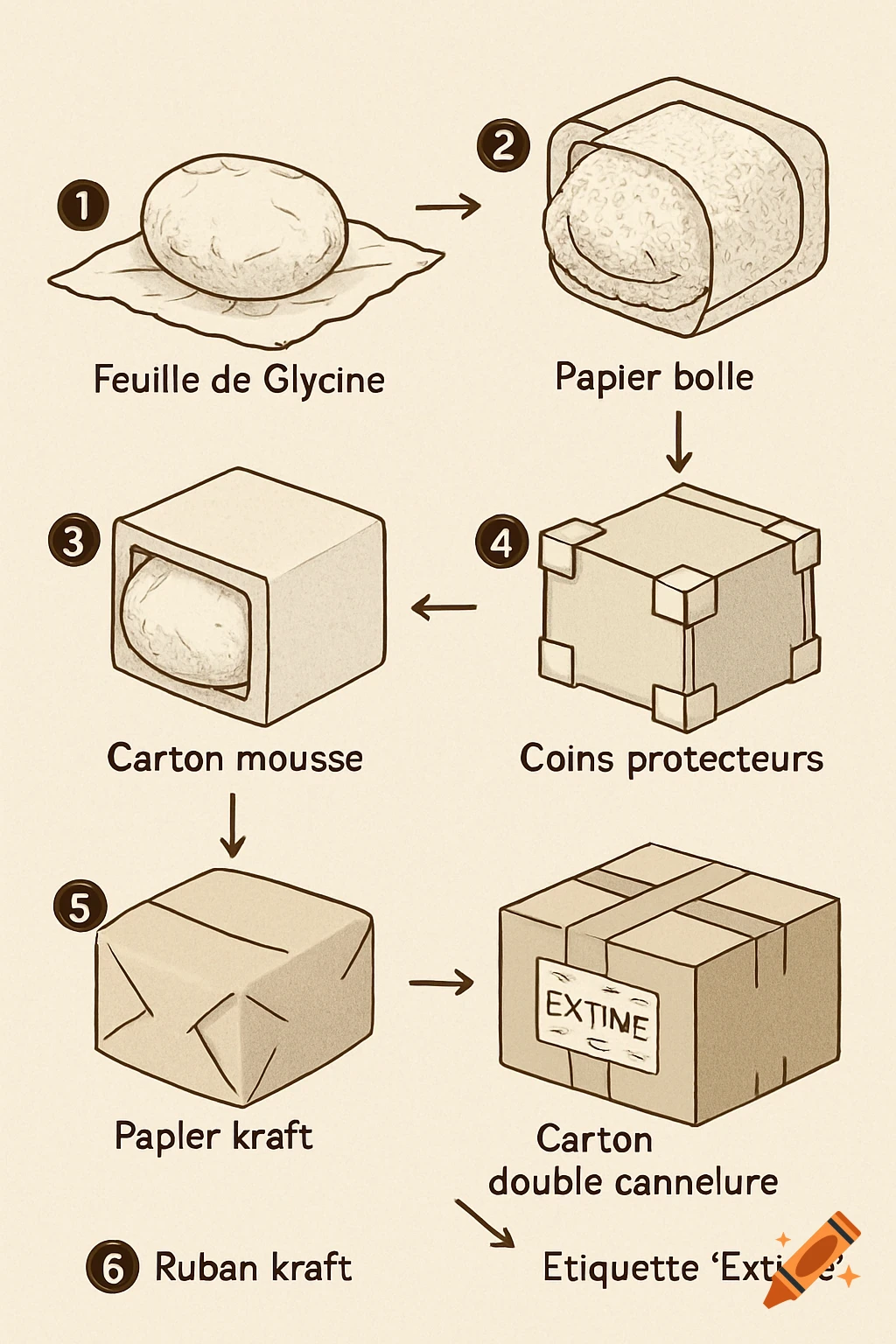 A step-by-step diagram showing how to package a parcel, with various packaging materials and French labels.