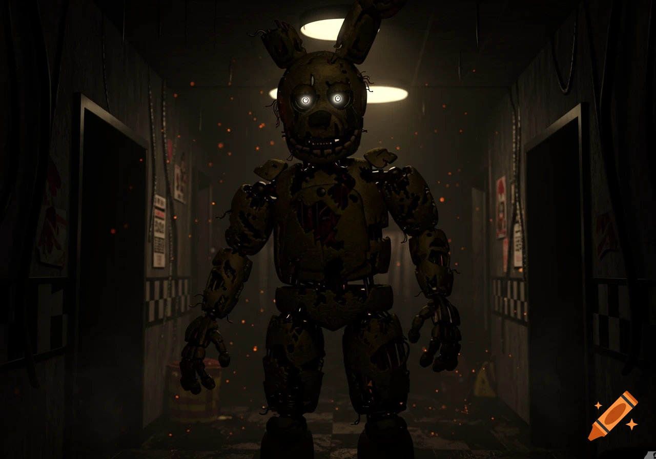 A terrifying, heavily damaged animatronic rabbit with glowing white eyes stands in a dark, industrial-looking hallway with subtle orange particles in the air.