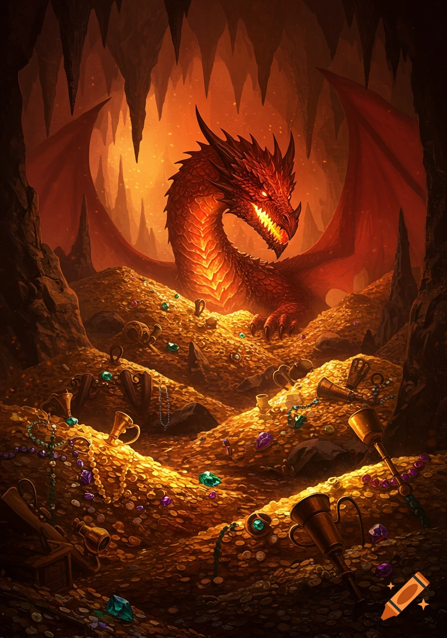 A fierce red dragon with glowing eyes guards a vast hoard of gold coins and sparkling jewels inside a fiery cave, fantasy art.