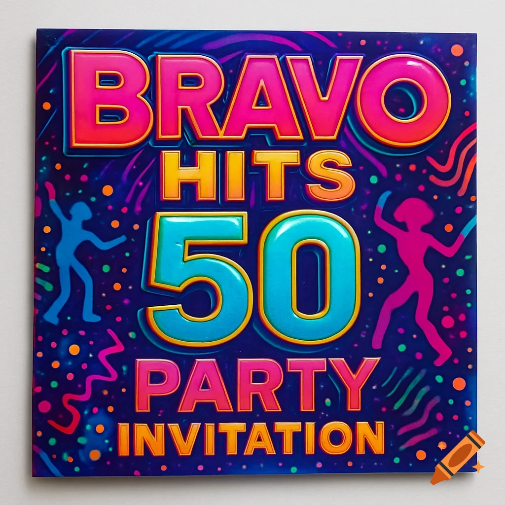 A vibrant, neon-style invitation card for a 50th birthday party, reading 'BRAVO HITS 50 PARTY INVITATION' with dancing silhouettes on a dark blue background.