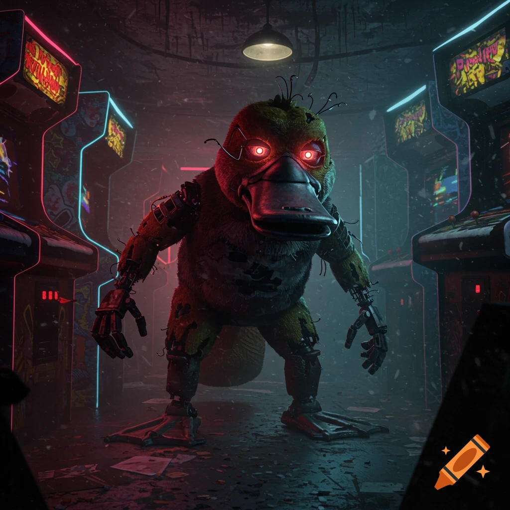 A creepy, damaged animatronic platypus with glowing red eyes stands in a dark, neon-lit arcade.