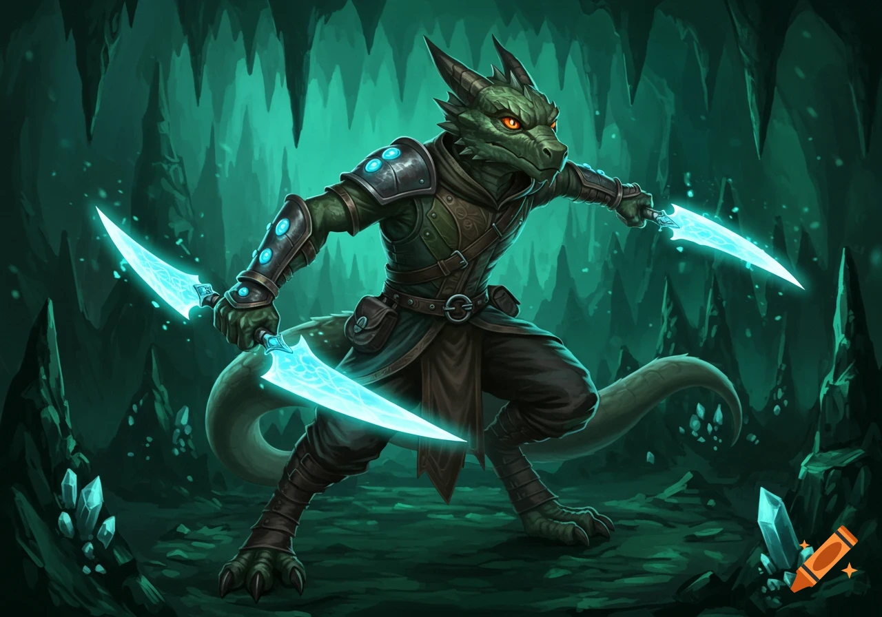 Armored green reptilian Kobold with glowing orange eyes wields two luminous blue daggers in an emerald-green crystal cave.