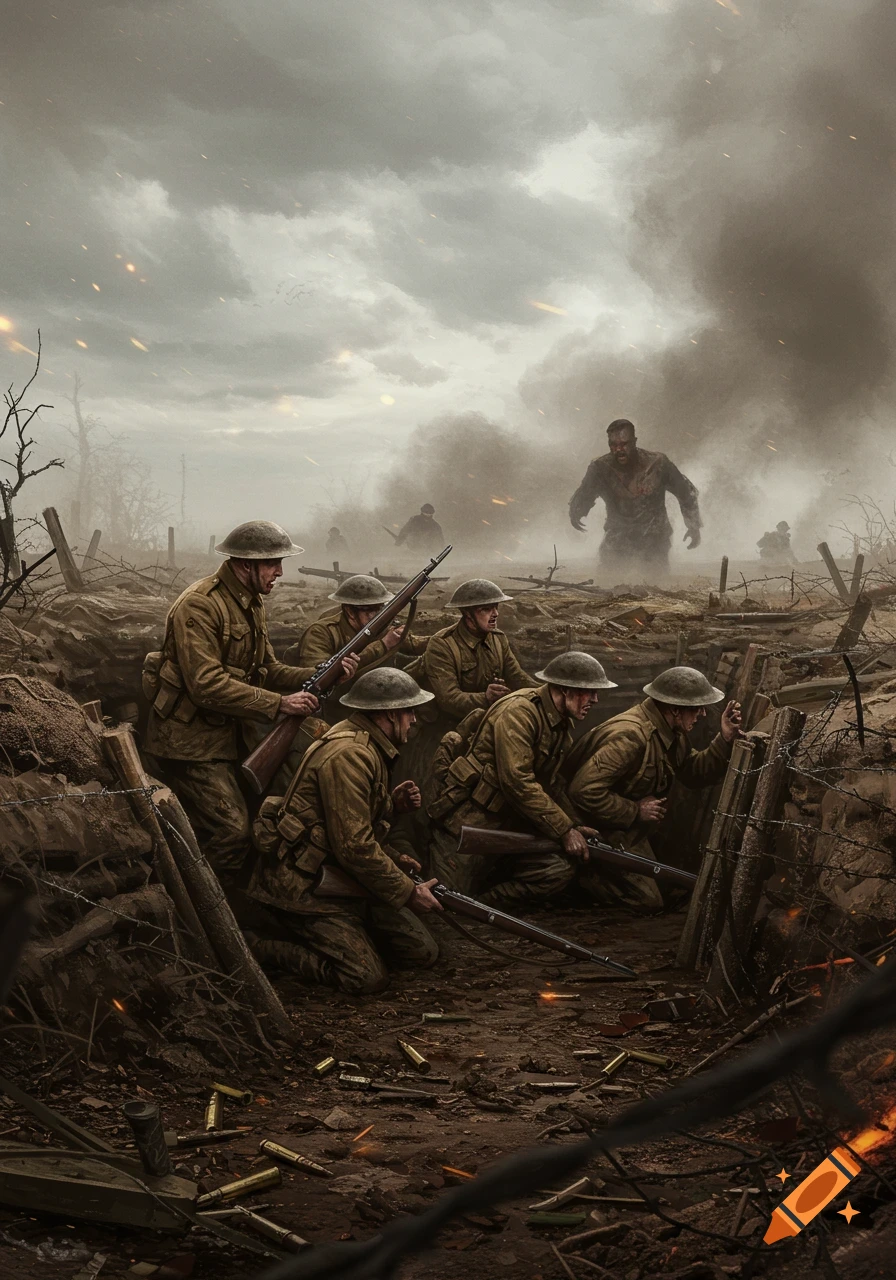 Dark digital painting of WW1 soldiers in a muddy trench, aiming rifles at a towering zombie and shadowy figures under a smoky, fiery sky.