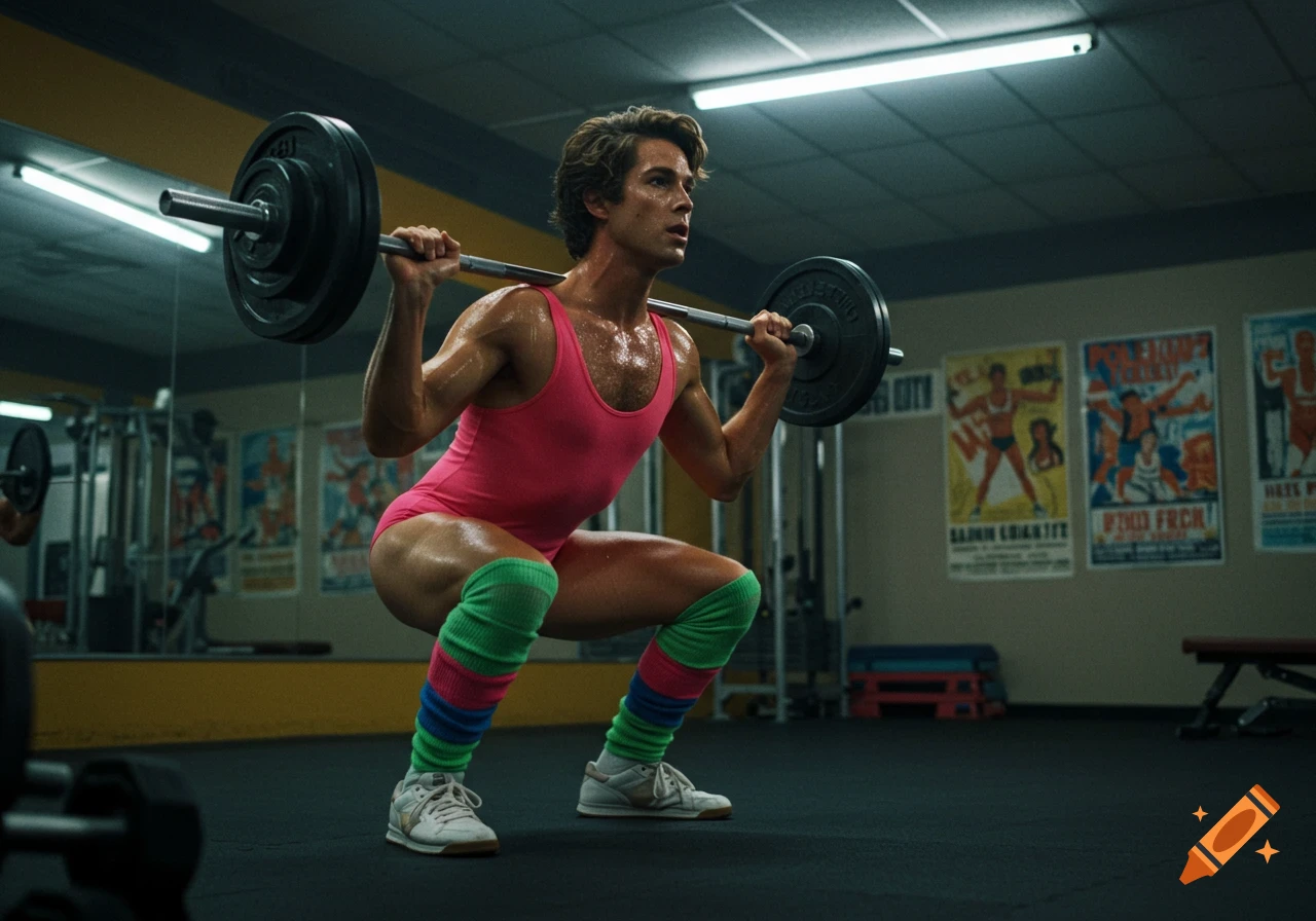 A man in a pink leotard and striped leg warmers squats with a barbell in a retro gym, sweating.