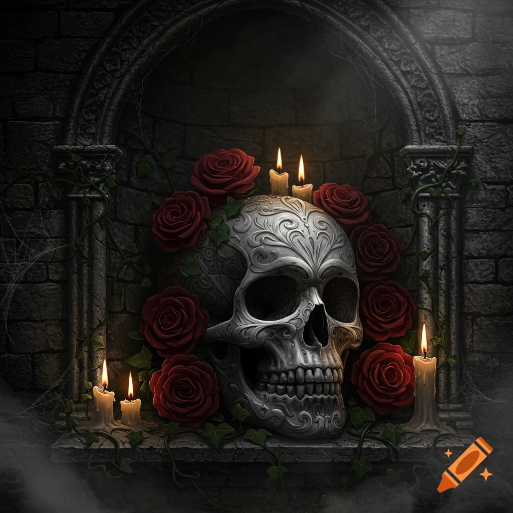 An ornate, patterned skull surrounded by red roses and lit candles in a dark gothic stone alcove with vines.