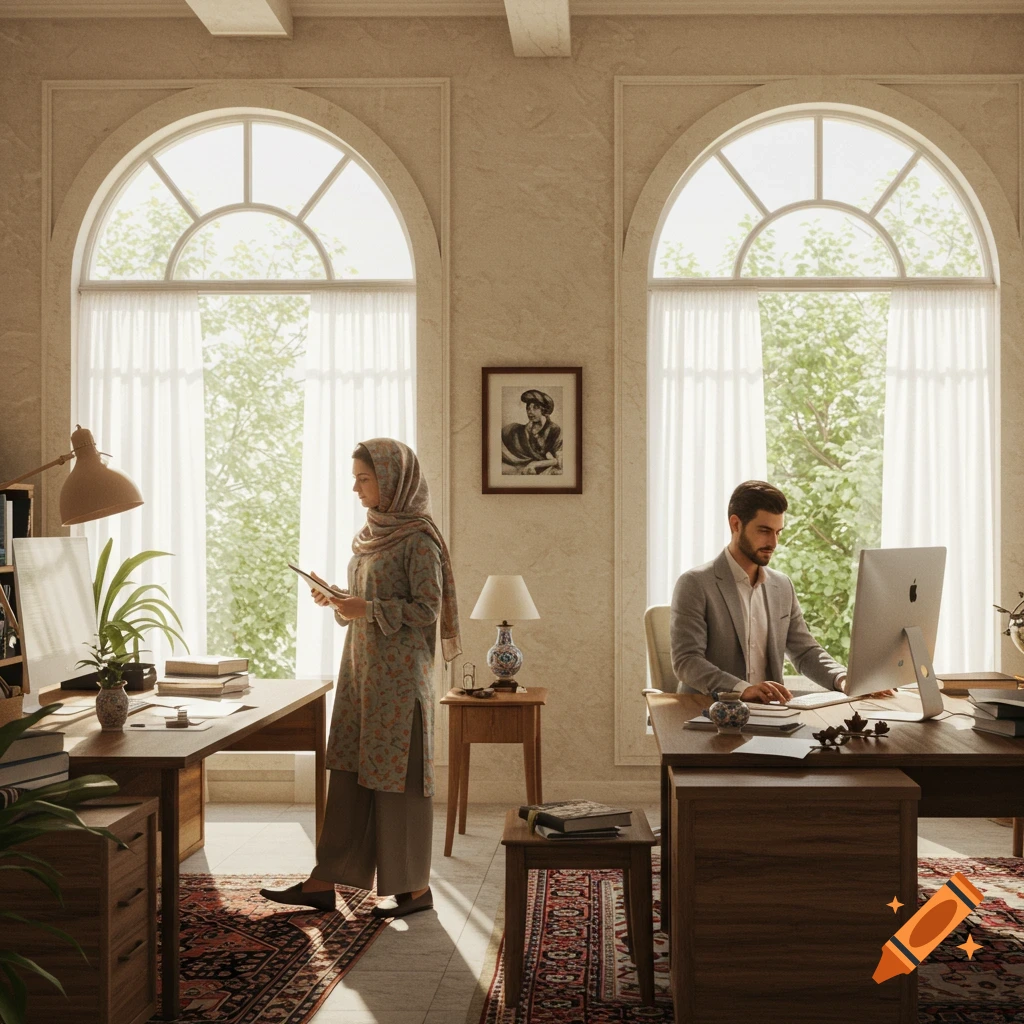A man working at a computer and a woman holding a tablet in a bright, ornate office with large arched windows and Persian rugs.