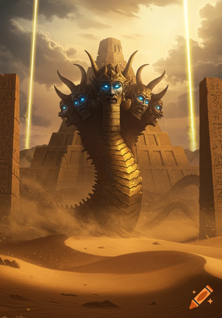 A colossal multi-headed golden serpent monster with glowing blue eyes rises from a sandy desert, flanked by ancient hieroglyph-covered pillars and pyramids, under a dramatic sky with light beams.
