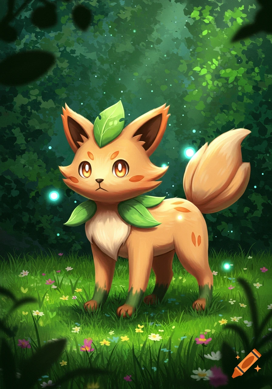 A cute, light orange, cat-like Pokémon with prominent green leaf-like features on its head and neck, stands in a magical forest with glowing orbs.