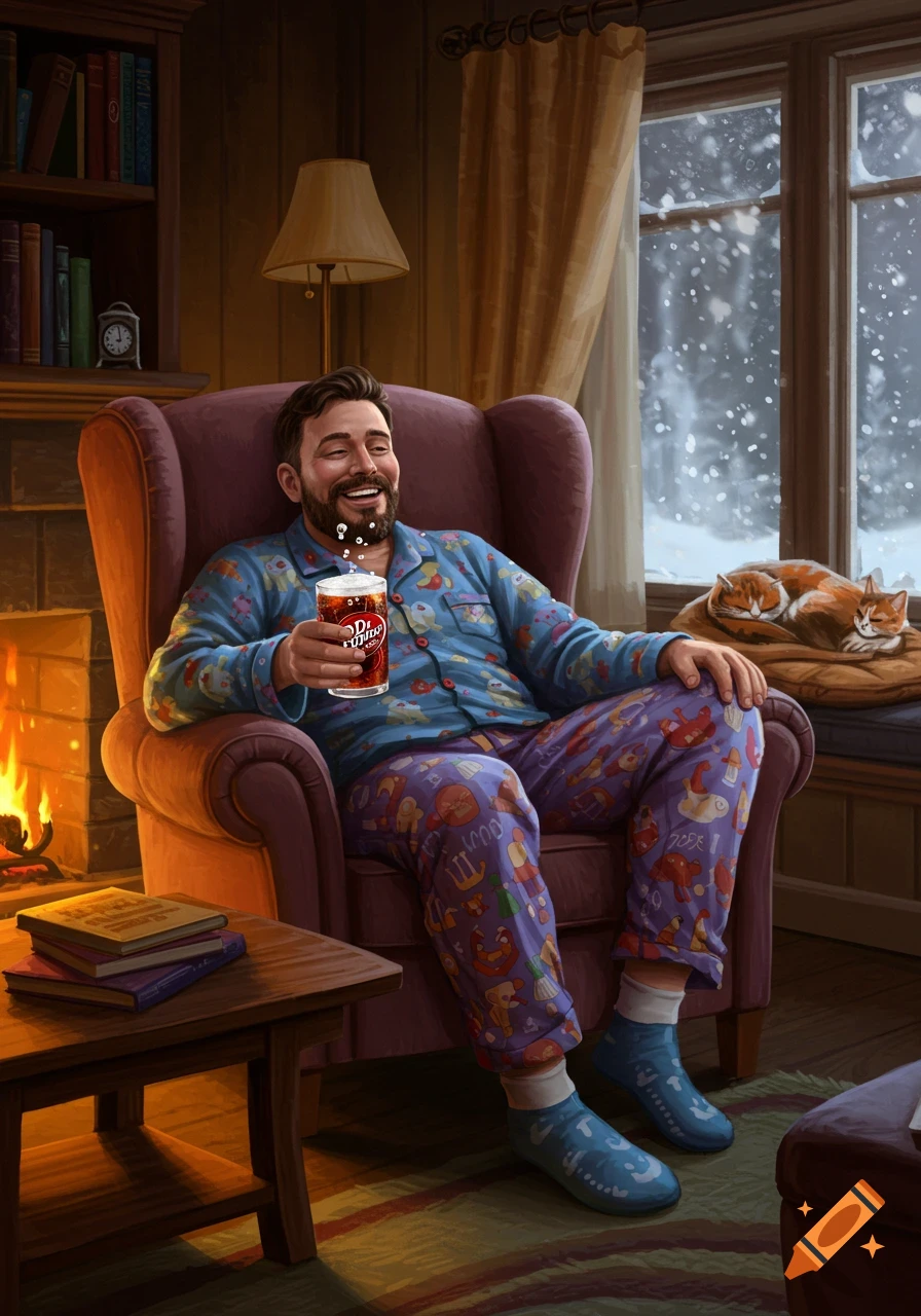 A man in pajamas laughs while relaxing in a chair by a fireplace, holding a soda. Two cats sleep on a window sill with snow outside.