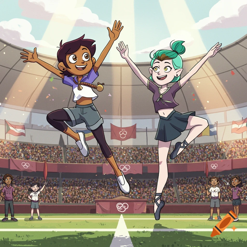 Luz Noceda and Amity Blight from The Owl House happily jump with arms raised in a stadium, surrounded by cheering crowds and Olympic-themed decorations.