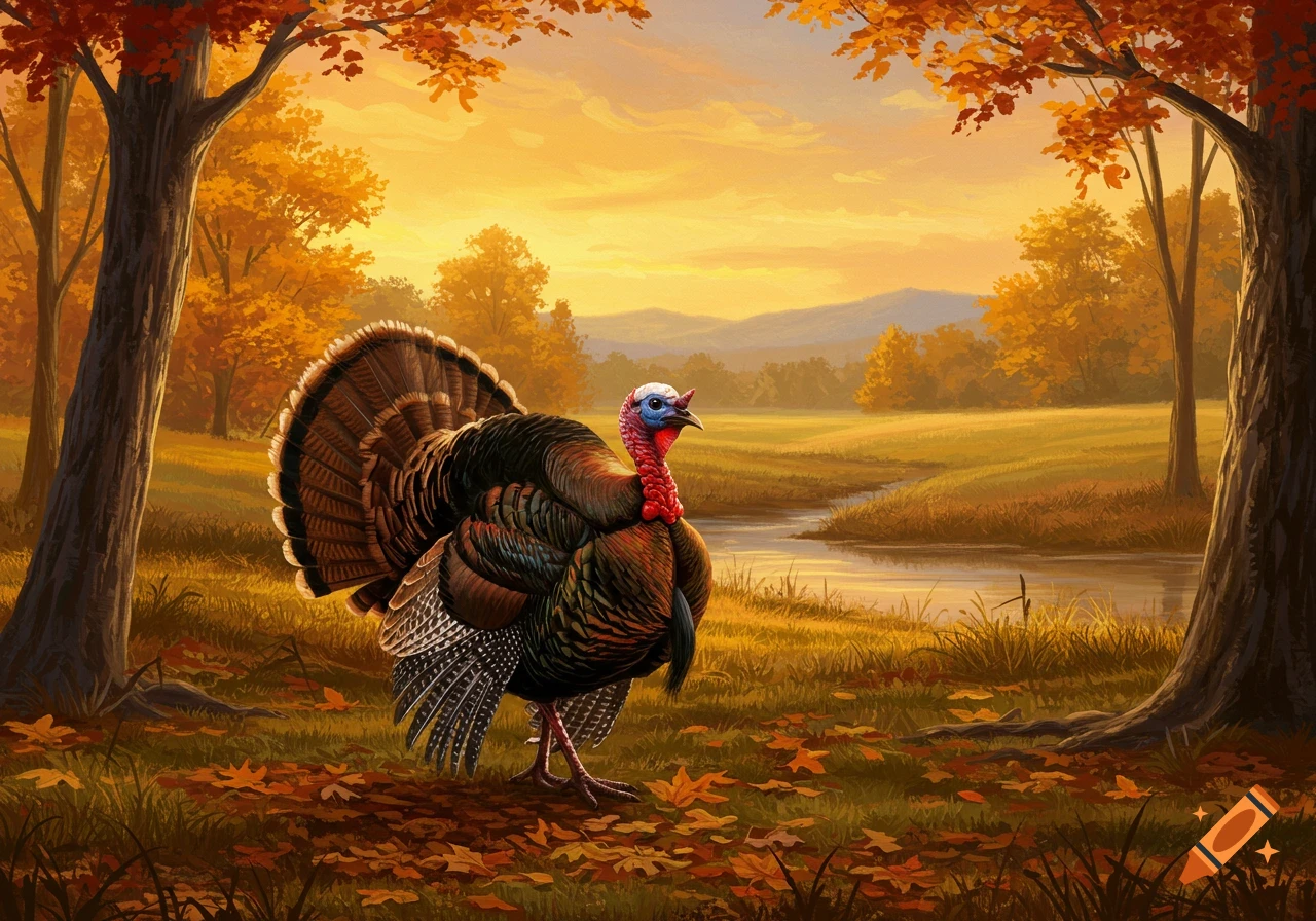 A wild turkey stands in an autumn forest beside a stream, surrounded by ...