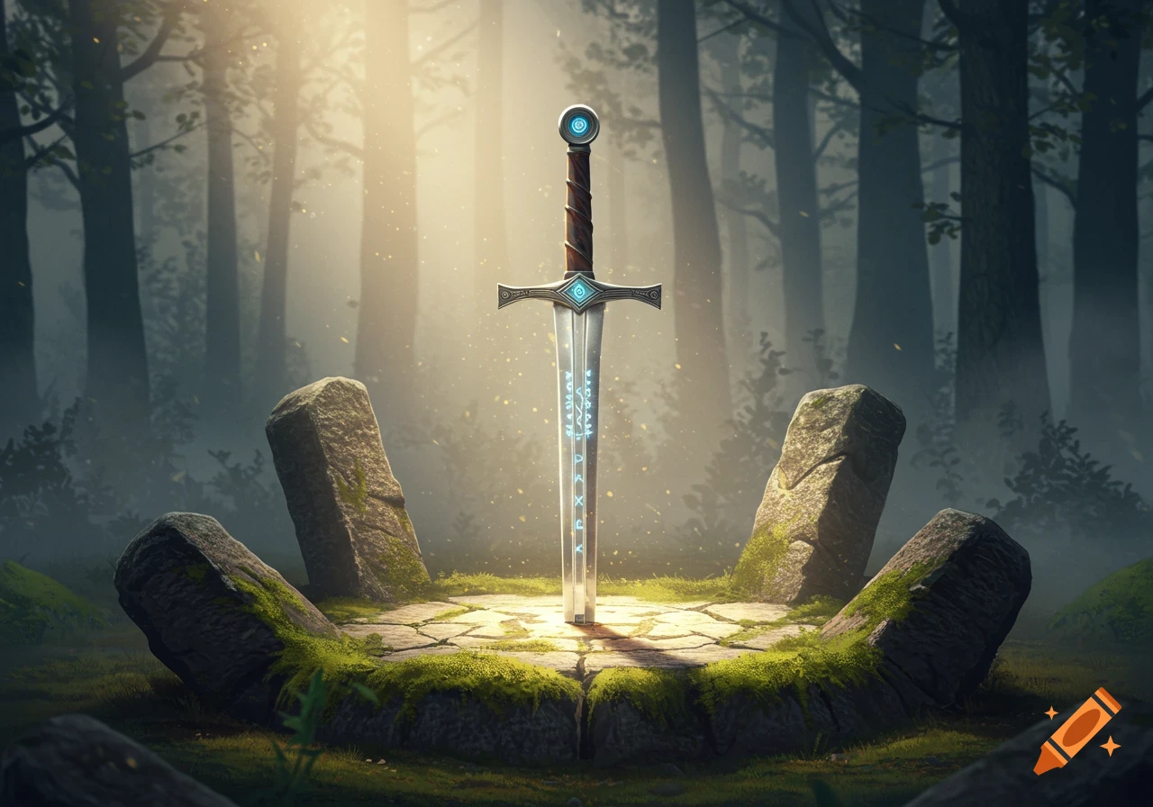 A glowing, ornate sword stands upright in a mossy stone pedestal in a misty, sunlit forest.