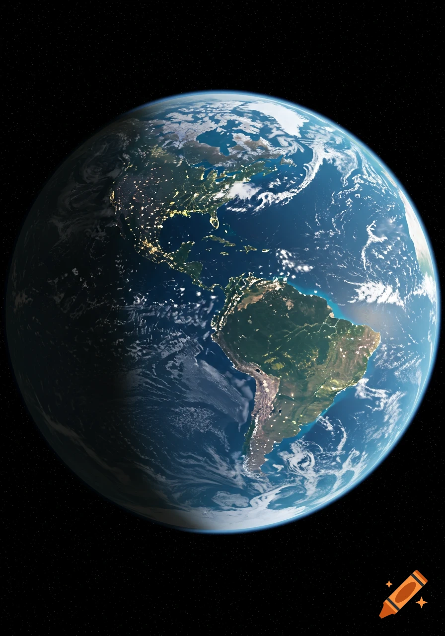 A photorealistic view of planet Earth from space, showing illuminated continents and oceans against a star-filled background.