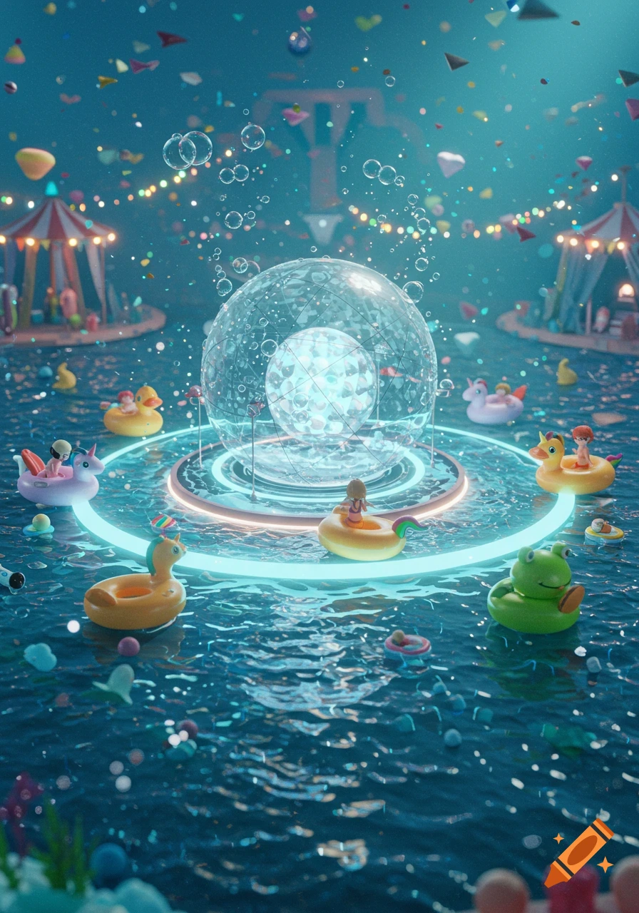 Dreamlike miniature underwater carnival with a glowing sphere, children in animal-shaped floats, shimmering lights, and bubbles.
