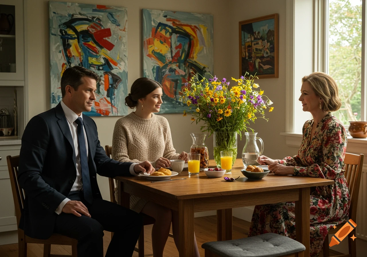 A family having breakfast at a wooden table with a large floral bouquet and abstract art on the wall, photorealistic.