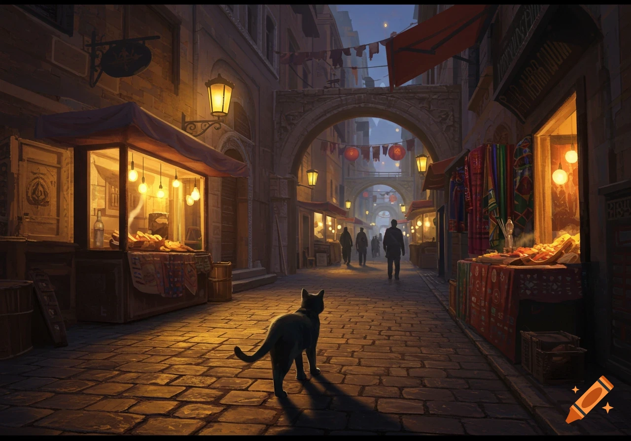 A black cat walks down a cobblestone street at night, illuminated by lanterns and market stalls in a fantastical city.