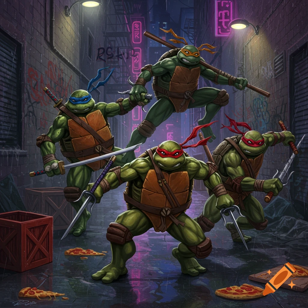 Mutant Poses Four Teenage Mutant Ninja Turtles in dynamic poses with their weapons ...