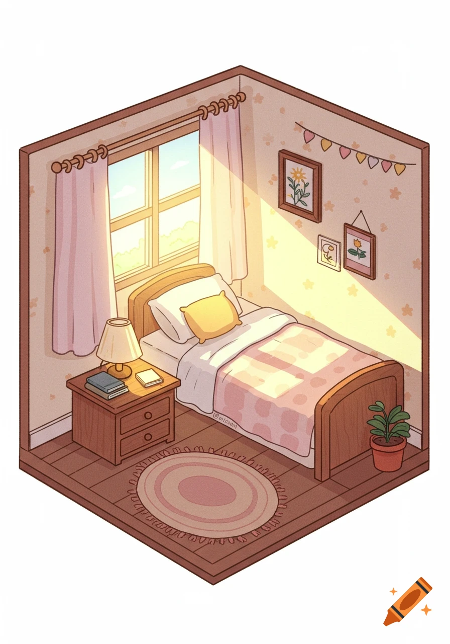 A cozy isometric cartoon bedroom with a bed, nightstand, window, and plant, bathed in warm morning light.