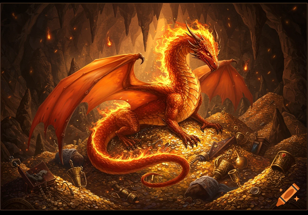 A fiery red dragon guards a massive hoard of gold and treasures in a dark, glowing cave.