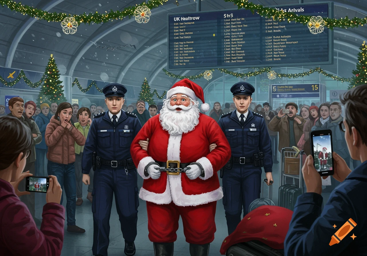 Santa Claus is arrested by two UK police officers in a decorated airport terminal, while shocked onlookers take photos with their phones. The scene is festive with Christmas decorations.
