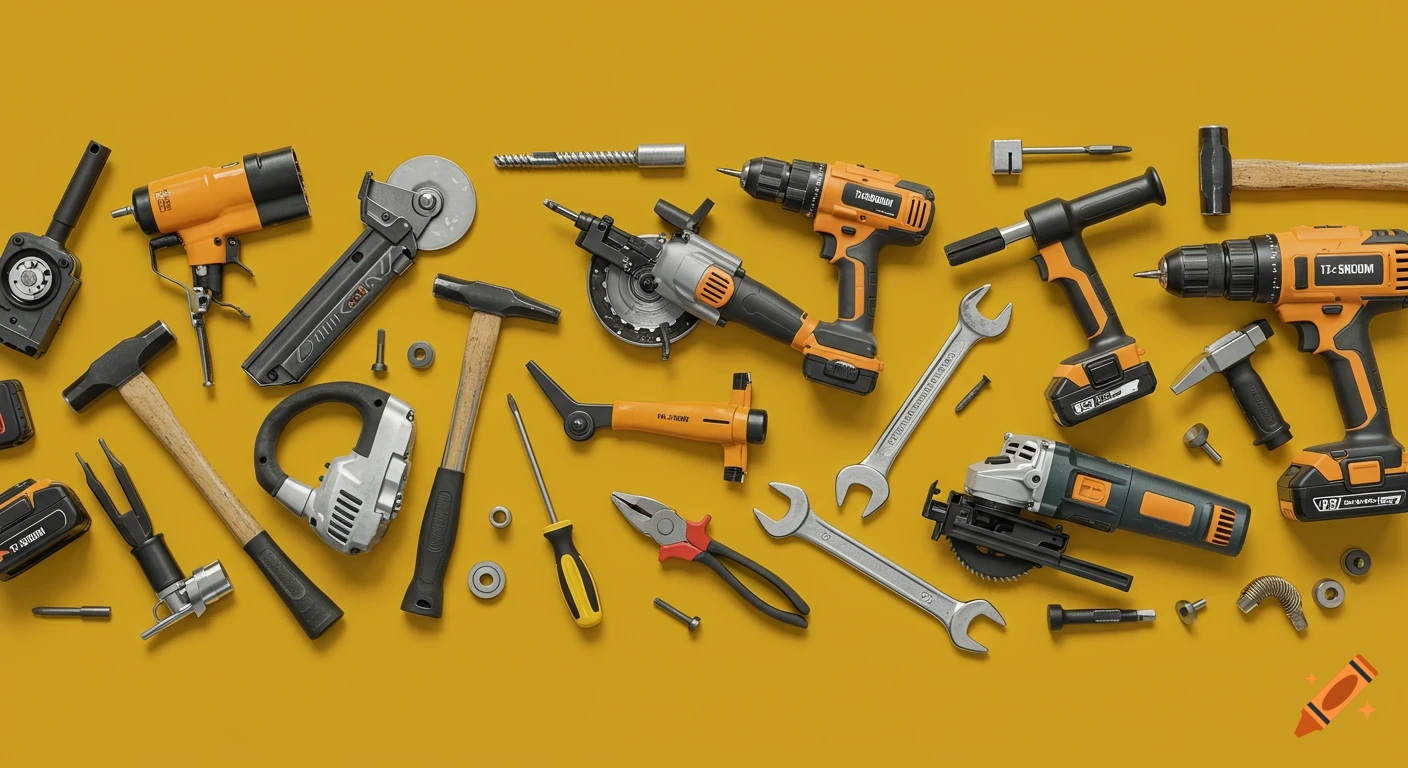 A diverse assortment of photorealistic construction and power tools, including drills, hammers, wrenches, and grinders, scattered on a vibrant mustard yellow background.